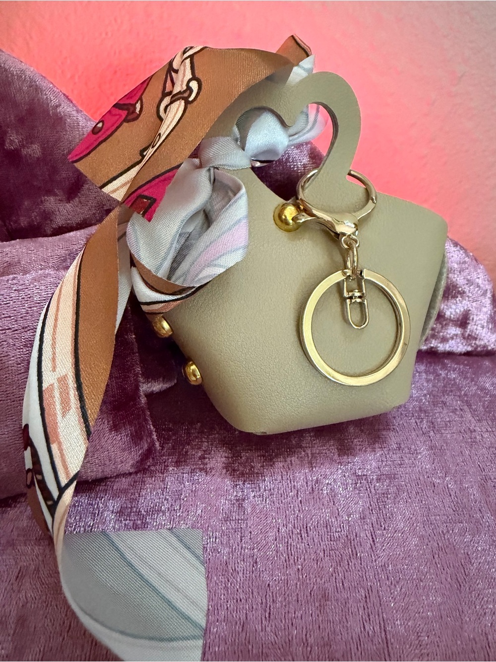 Beige Mini Bag Charm Key Holder with Gold Hardware and Printed Scarf